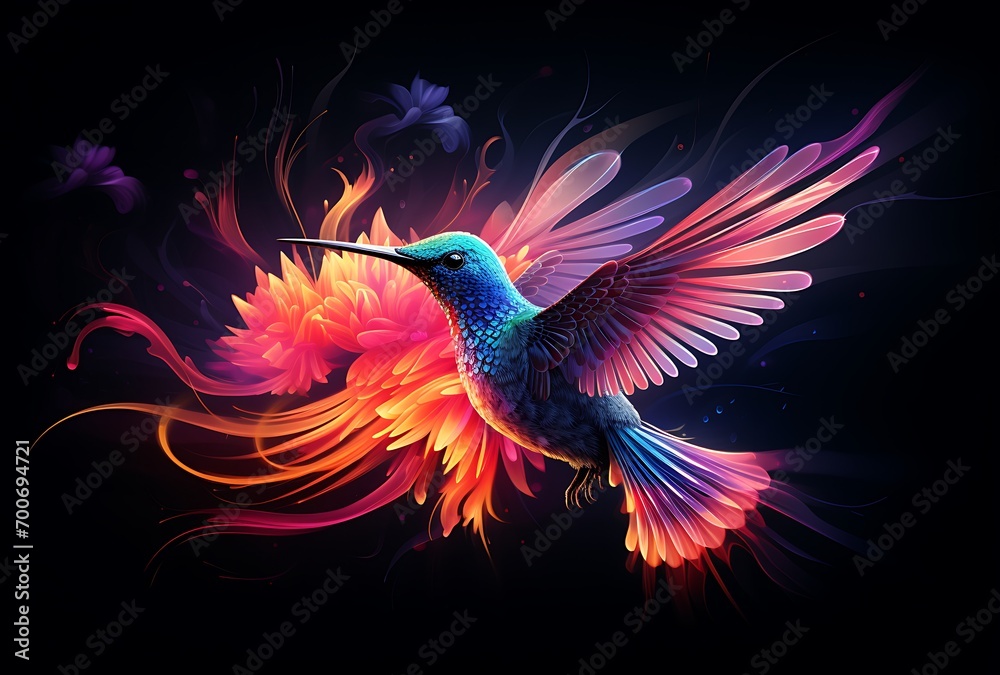 Obraz premium Hummingbird with fire and flowers on black background. Vector illustration.