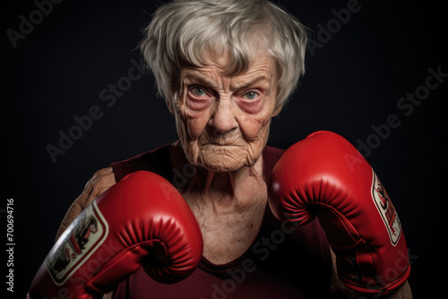 grandmother in boxing gloves in front of grey background © Kien