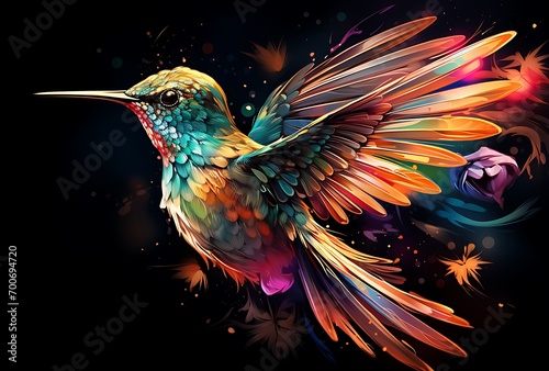 Colorful hummingbird with colored feathers on a black background. Vector illustration.