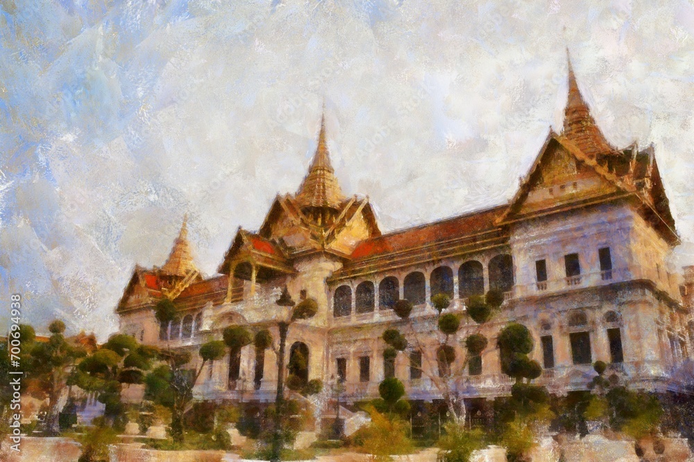 Fototapeta premium Landscape of the Grand Palace Bangkok Thailand Illustrations in chalk crayon colored pencils impressionist style paintings.