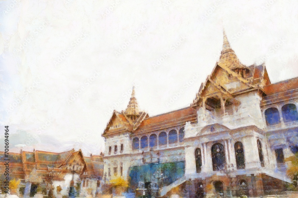 Landscape of the Grand Palace Bangkok Thailand Illustrations in chalk crayon colored pencils impressionist style paintings.