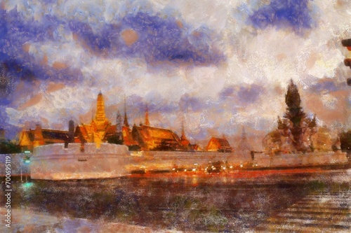 Landscape of the Grand Palace Bangkok Thailand Illustrations in chalk crayon colored pencils impressionist style paintings.