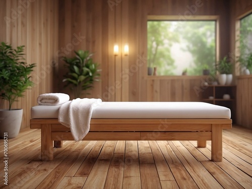 Clean wooden massage room with large windows, bed and candles. Relaxing spa treatment setting