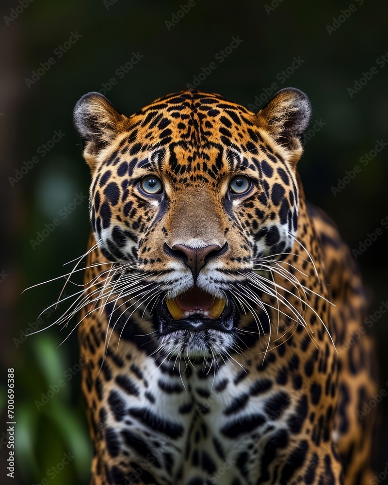 Obraz premium Stunning portrait of a majestic jaguar with vivid markings against a dark green background, perfect for wildlife projects.