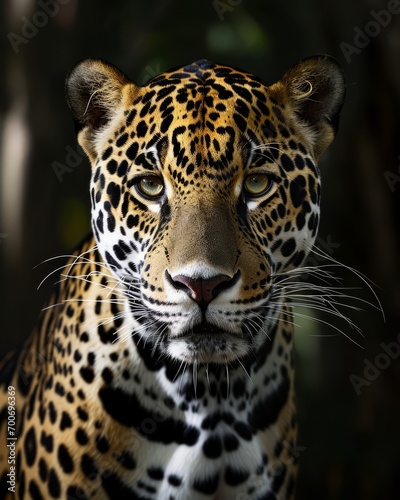 Captivating close-up of a jaguar with piercing gaze, perfect for wildlife projects. High-resolution and detailed. © Tirawat