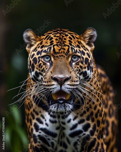 Stunning portrait of a majestic jaguar with vivid markings against a dark green background, perfect for wildlife projects.