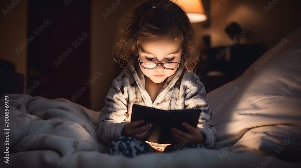 Young child reading on a tablet in bed at night with soft lighting and plush toys around. Young child reading on a tablet in bed at night with soft lighting and plush toys around.
