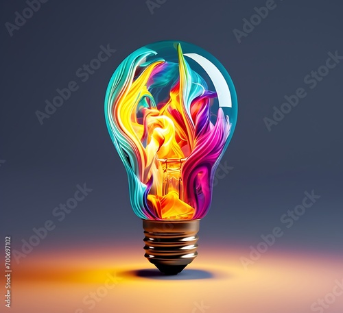 Glowing light bulb with colorful fire inside, 3d illustration.