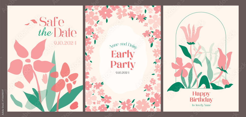Floral art templates. For party, event, wedding invitation, birthday and Mothers Day cards, flyer, poster, banner, brochure, email header, post in social networks, advertising, events and page cover