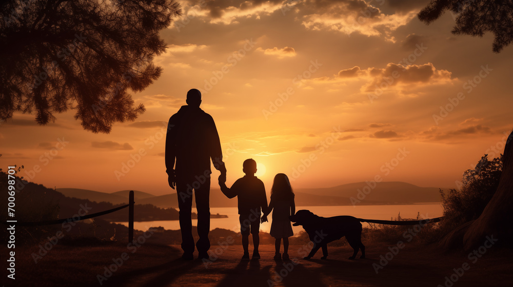 silhouette of a family and dogs at sunset silhouette of a family and dogs at sunset