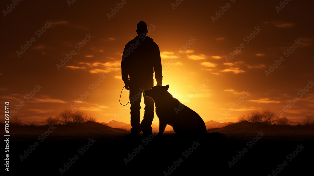 silhouette of a dog and a man at sunset