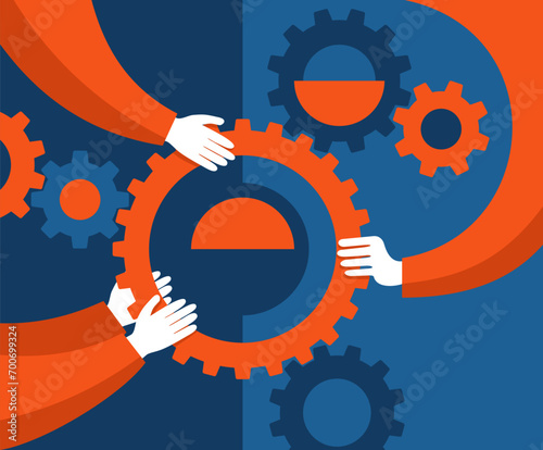 Business management, co-working, hands with gears