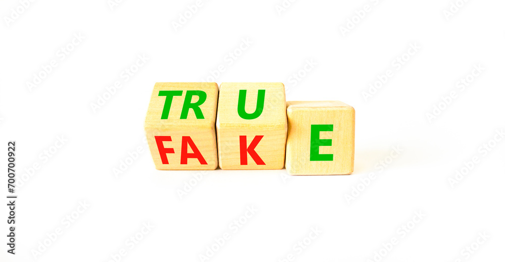 Fake or true symbol. Turned wooden cubes and changed the word fake to true or vice versa. Beautiful white table, white background, copy space. Business and fake or true concept. Fake or true symbol. Turned wooden cubes and changed the word fake to true or vice versa. Beautiful white table, white background, copy space. Business and fake or true concept.