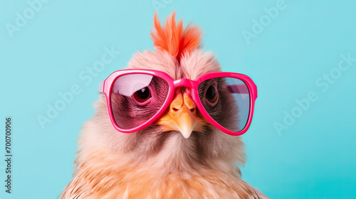 A charming hen in vibrant, neon sunglasses, isolated on a pastel coral background for a fun contrast Ai Generative