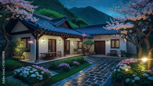 courtyard of a house near the mountains of Japan with cherry blossoms photo