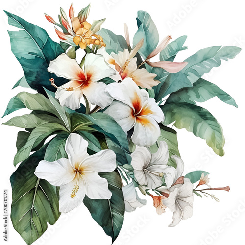 Watercolor flowers  neighborhood of tropical plants and classic white flowers  clipart