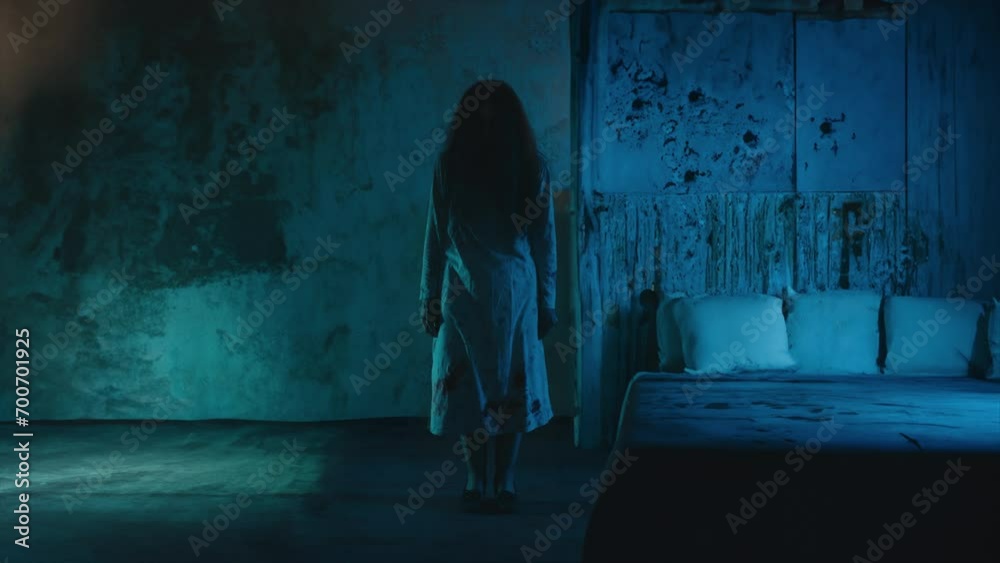 Creepy ghost of female killer in nightgown standing in a haunted house, horror