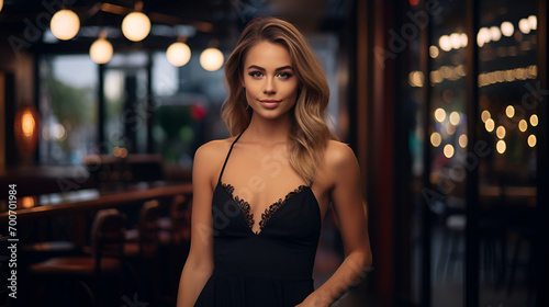 beautiful Australian model standing wearing cocktail dress with elegant background setting