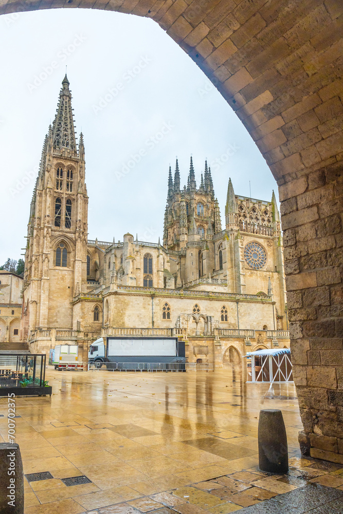 Looking at the Cathedral of Burgos from the Arco de Santa Maria, Castilla Leon, Spain