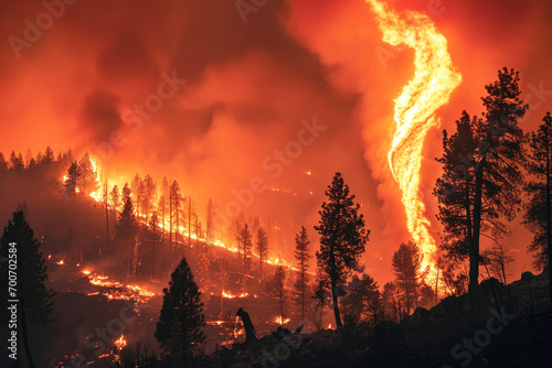 forest fire with a huge flame standing in front of the trees