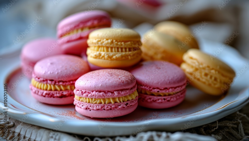 Fototapeta premium Colourful Macarons on Textured Background. Bright macarons on a plate with a textured cloth backdrop.
