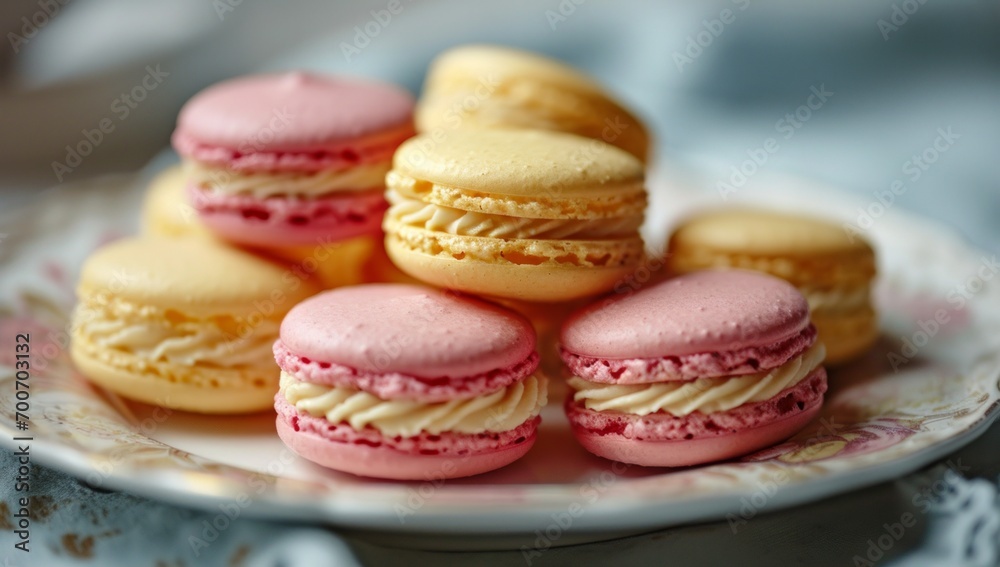 Assorted Macarons on Porcelain Plate.
A selection of pink and yellow macarons neatly arranged on a white plate. Assorted Macarons on Porcelain Plate.
A selection of pink and yellow macarons neatly arranged on a white plate.