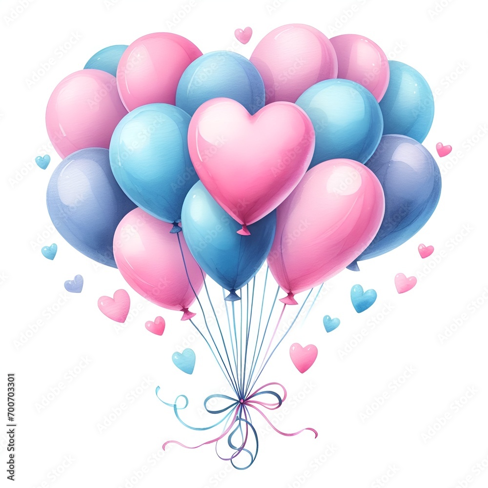 Pink and blue balloon bunch  love symbol watercolor paint for valentine's day holiday card decor