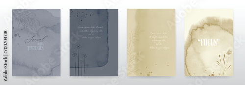 Set of Minimal background frames with hand drawn flowers and leaves.