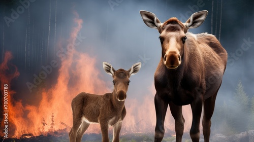 The intense heat fails to break the determination of a moose cow and her calf as they forge through the fiery landscape photo