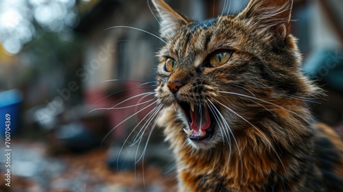 Close-up portrait of a cat with open mouth, animal rabies.