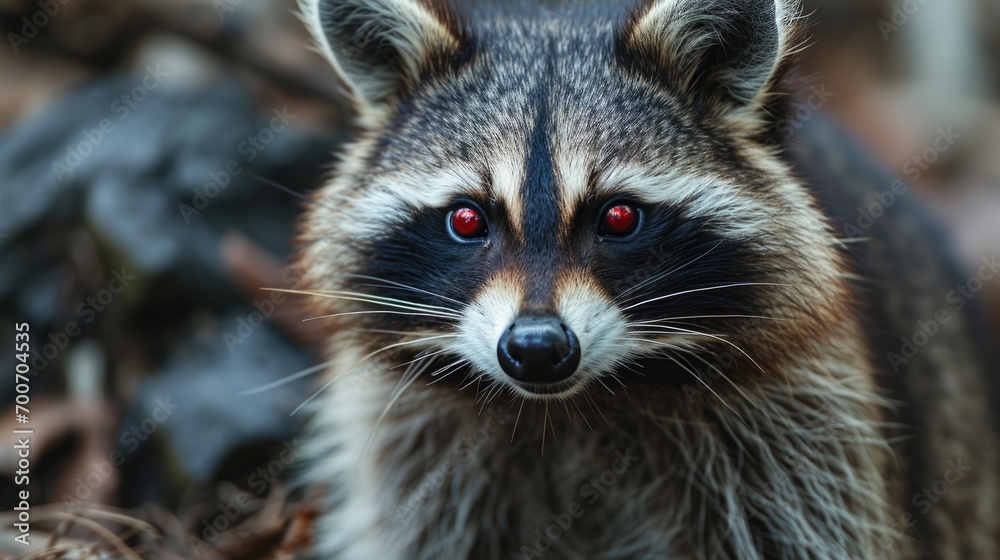 Portrait of a raccoon with red eyes in the forest, close up.  Animal rabies.