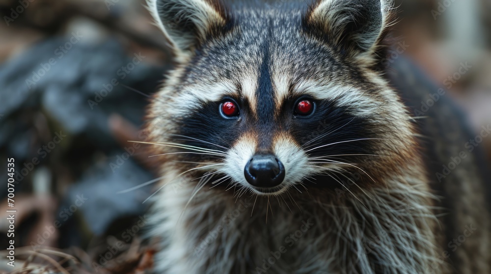 Portrait of a raccoon with red eyes in the forest, close up. Animal rabies. Portrait of a raccoon with red eyes in the forest, close up. Animal rabies.