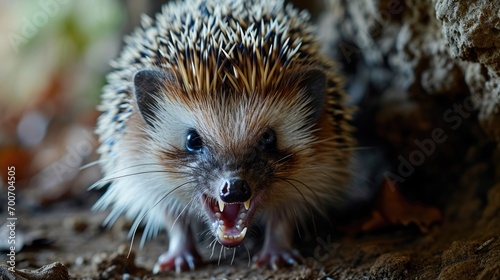 Hedgehog with open mouth on autumn leaves background, closeup. Animal rabies.