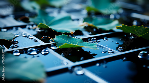 close-up of a solar panel with fresh green leaves and clear water droplets on it, signifying clean and sustainable energy photo