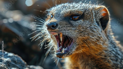 Portrait of a yellow mongoose in nature. Animal rabies. photo