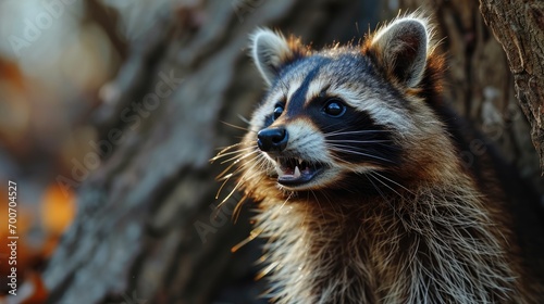 Portrait of a raccoon in the forest, close up.  Animal rabies.