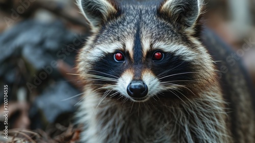 Portrait of a raccoon with red eyes in the forest, close up.  Animal rabies. © AS Photo Family