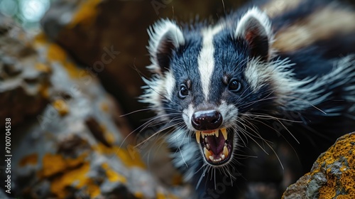 Portrait of a skunk in the forest, close up.  Animal rabies. photo