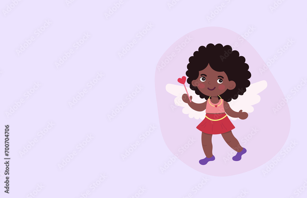 Cartoon illustration cute afro cupid. Amur African American baby angel. love and valentine's day symbol. little angel with wings on a purple background. Horizontal poster or banner. Place for text. Cartoon illustration cute afro cupid. Amur African American baby angel. love and valentine's day symbol. little angel with wings on a purple background. Horizontal poster or banner. Place for text.