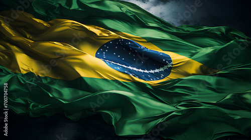 Satin flag, three dimensional render, Close up waving flag of Brasil. National Brasil flag. photo