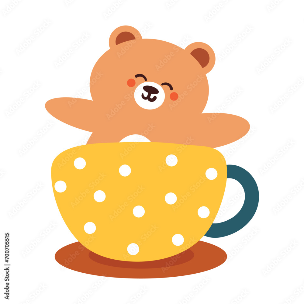hand drawing cartoon bear inside a cup. cute animal doodle, illustration, decor element, colorful illustration sticker hand drawing cartoon bear inside a cup. cute animal doodle, illustration, decor element, colorful illustration sticker