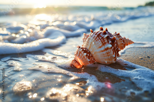 a seashell on the beach while the sun is shining brightly