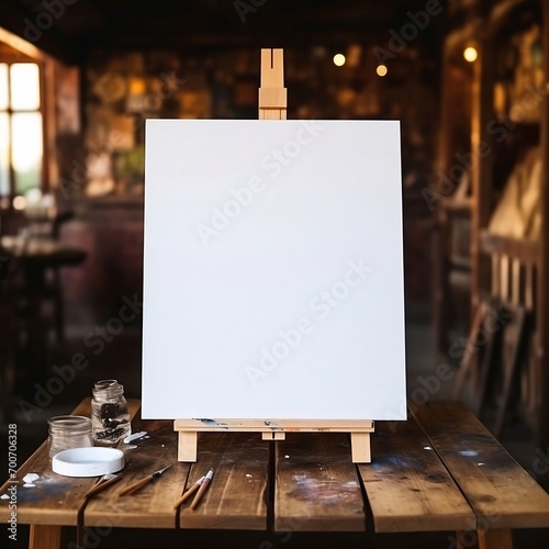 easel with blank canvas mockup on the table photo