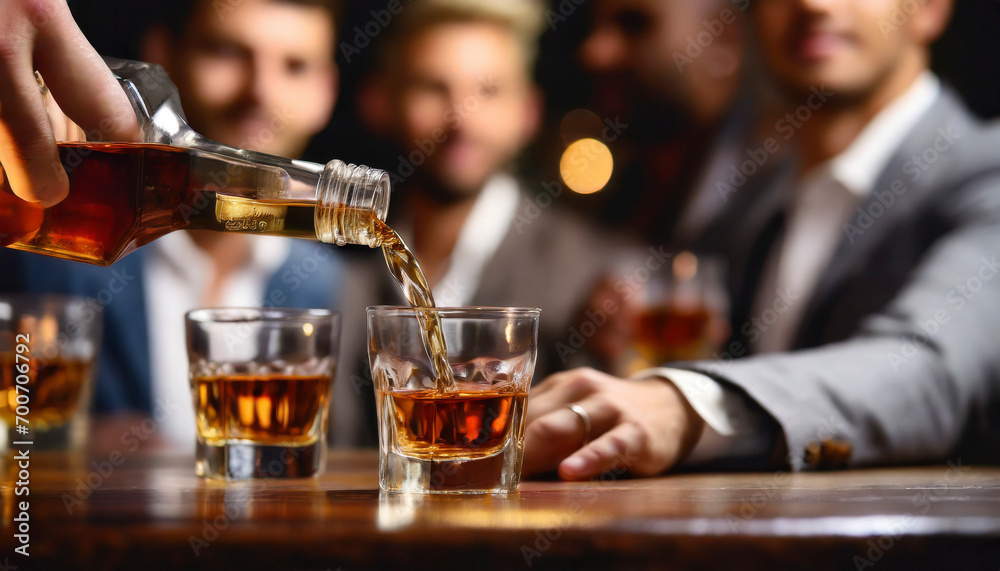 Pouring whiskey from bottle into glasses with blurred business people in background