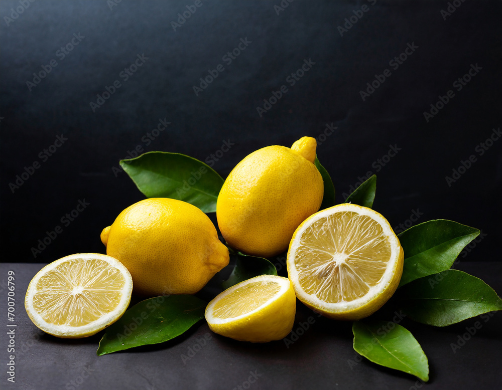 cut lemons on center picture, dark background, natural cut lemons on center picture, dark background, natural