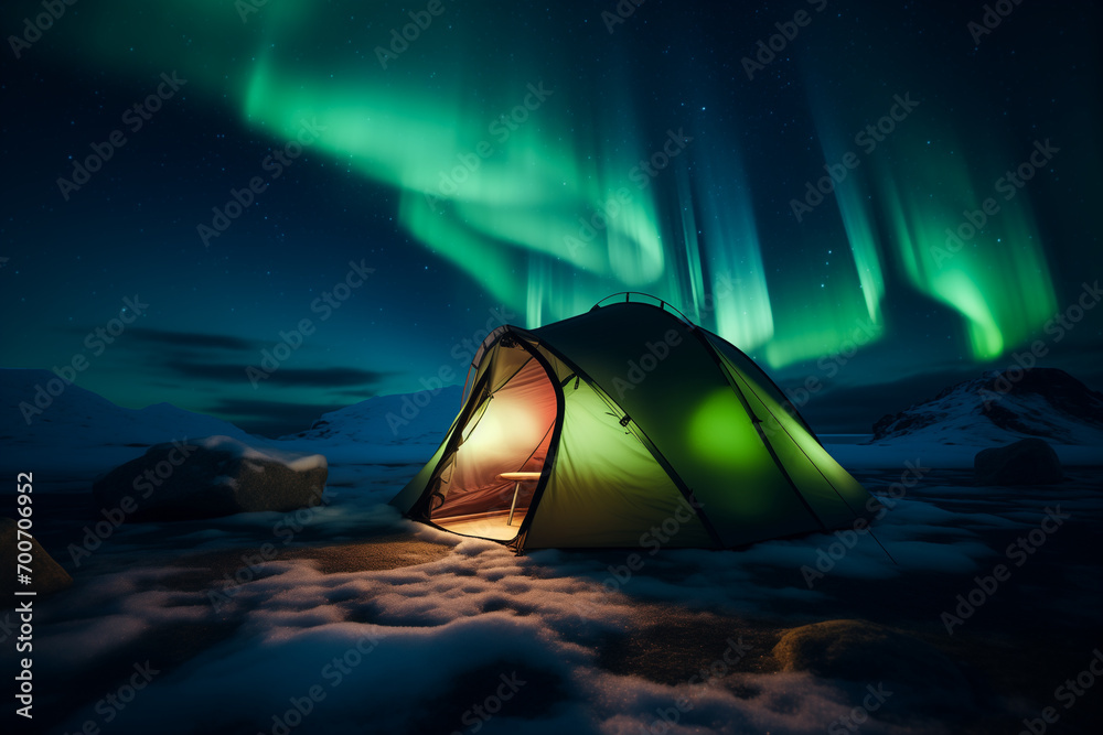 people sits inside of her tent with Northern Lights in the sky