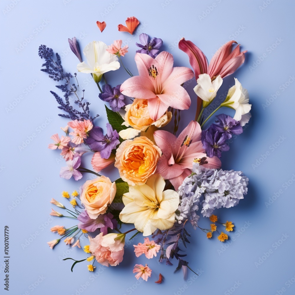 Bouquet of flowers, creative layout made of various flowers. Flat lay bouquet. clean concept.