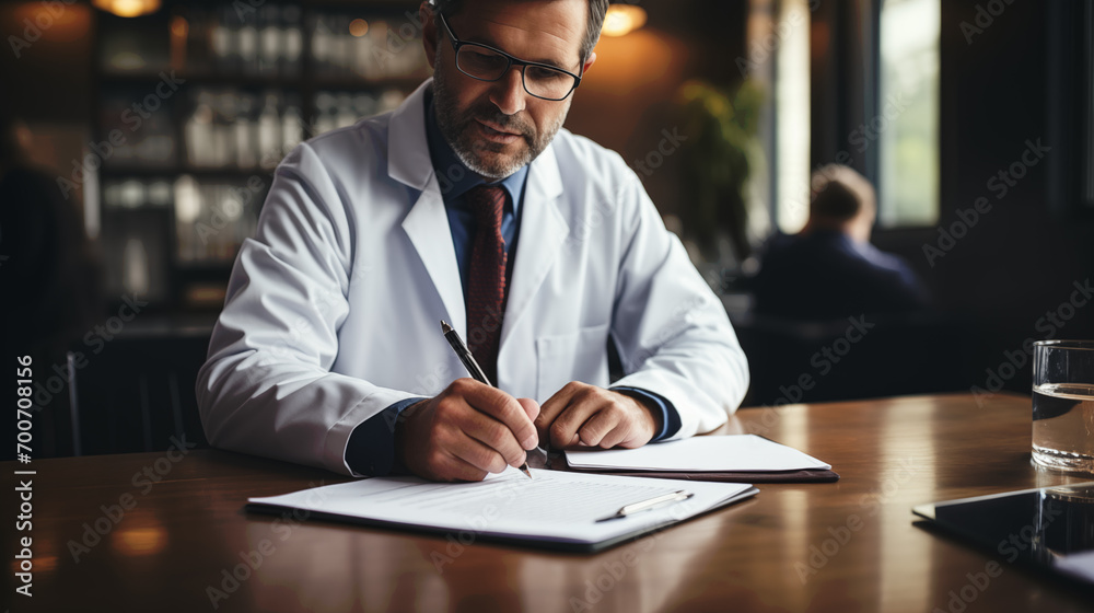 A man doctor in a lab coat sitting at desk and writing on a piece of paper A man doctor in a lab coat sitting at desk and writing on a piece of paper