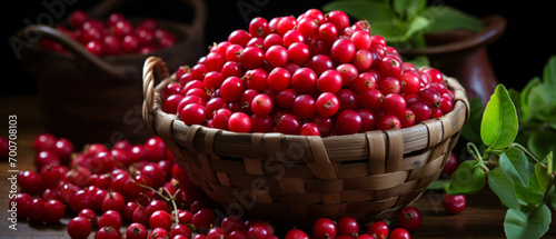 Rustic still-life of cranberries in a basket on a wooden table.