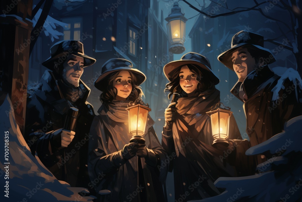 Obraz premium Carolers by Lamplight - Generative AI